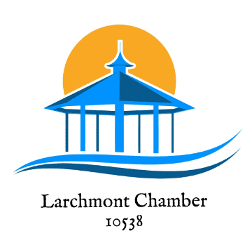 A blue and white logo of the larchmont chamber.